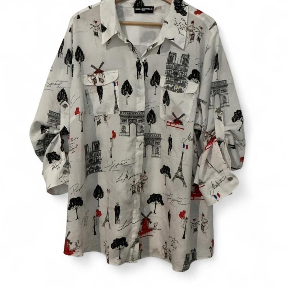 Karl Lagerfeld Paris Button Down Shirt Womens‎ XL White Paris Sketch Excellent